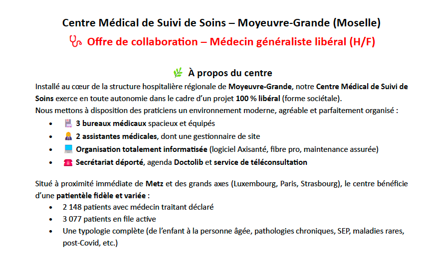 Centre Médical de Suivi de Soins – Moyeuvre-Grande (Moselle) 🩺 Offre de collaboration – Médecin généraliste libéral (H/F)
