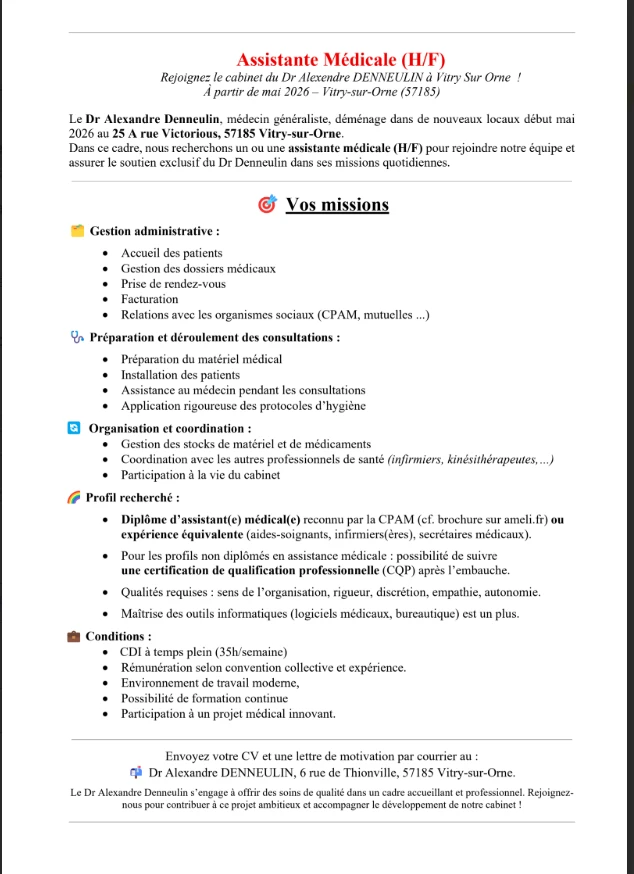 Offre d'emploi assistante médicale 