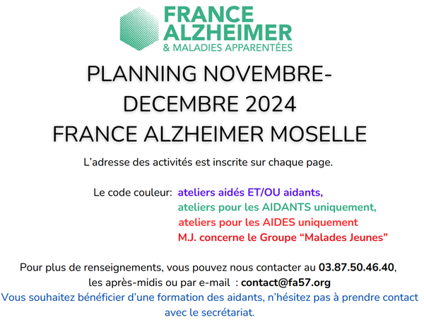 Calendrier des activités novembre et décembre 2024