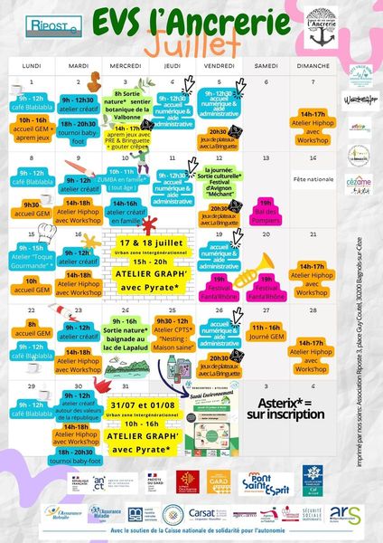 Planning Juillet de l’EVS L’Ancrerie de Pont Saint Esprit