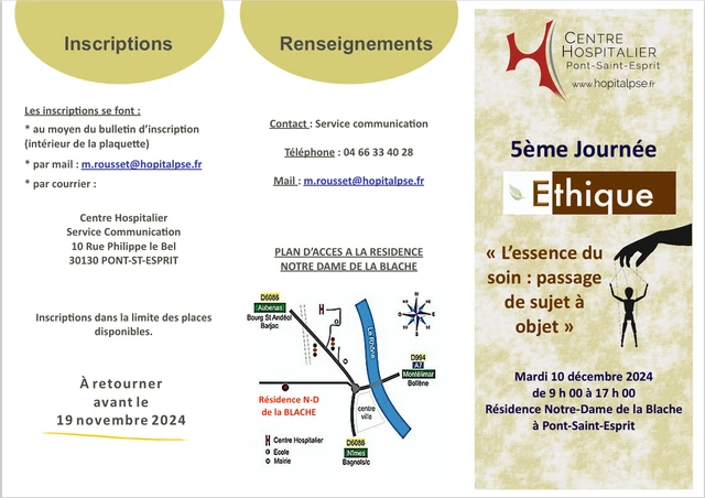 Le mardi 10 décembre 2024 : 5ème Journée Ethique au Centre Hospitalier de Pont-Saint-Esprit : « L’essence du soin : passage de sujet à objet »