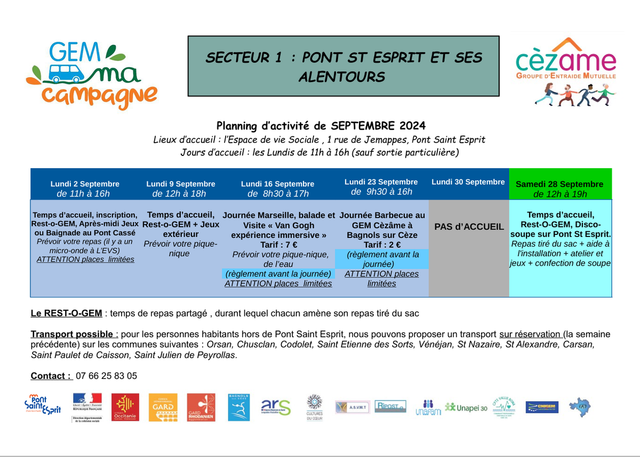 GEM ma campagne : Planning des animations Septembre 2024 à Pont-Saint-Esprit