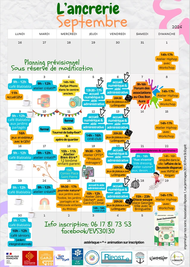Planning des animations SEPTEMBRE à l'Ancrerie (EVS) de Pont-Saint-Esprit