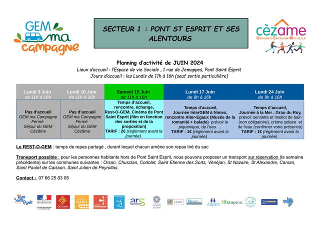 GEM ma Campagne : Planning des activités Juin 2024 sur Pont Saint Esprit