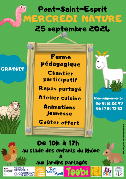 Mercredi 25 septembre 2024 de 10h à 17h : Ferme pédagogique, chantier participatif, repas partagé, atelier cuisine, animation jeunesse, goûter offert à Pont-Saint-Esprit