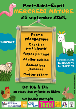 Mercredi 25 septembre 2024 de 10h à 17h : Ferme pédagogique, chantier participatif, repas partagé, atelier cuisine, animation jeunesse, goûter offert à Pont-Saint-Esprit