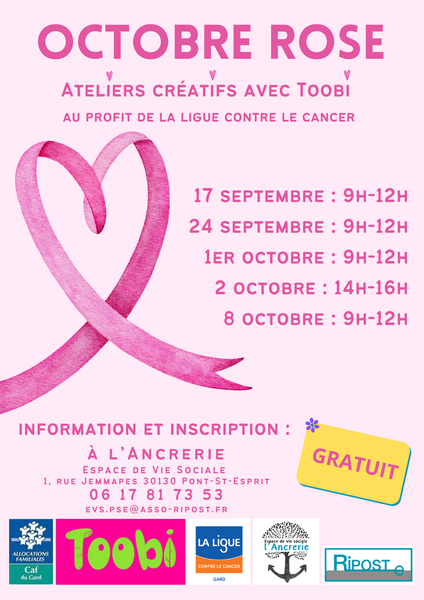 Octobre Rose 2024 : Ateliers créatifs au profit de la ligue contre le cancer à l'Ancrerie de Pont-Saint-Esprit (Espace de Vie Sociale)