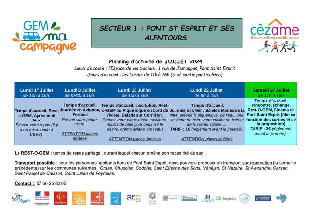GEM ma campagne : Planning des activités Juillet 2024