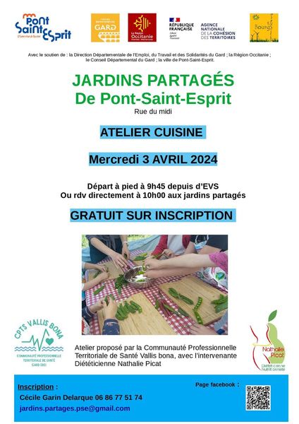 Atelier Cuisine aux Jardins Partagés de Pont-Saint-Esprit le mercredi 03 avril 2024