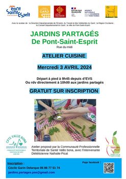 Atelier Cuisine aux Jardins Partagés de Pont-Saint-Esprit le mercredi 03 avril 2024
