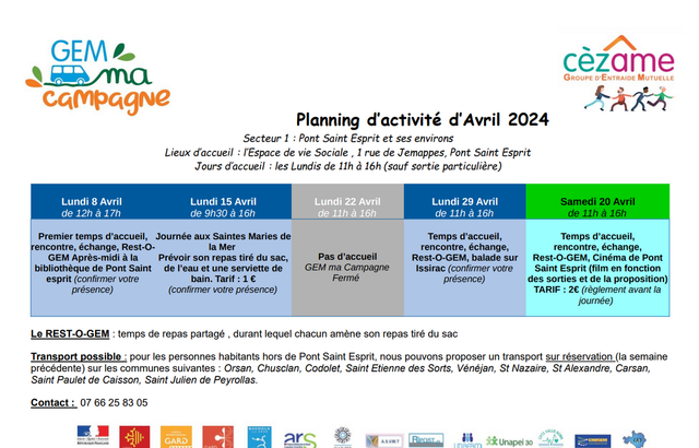 GEM ma campagne Pont-Saint-Esprit - Programmation activités avril 2024