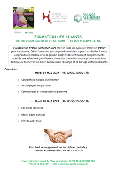 Le 14 et 28 MAI 2024 : Formation des aidants au CH Pont-Saint-Esprit 