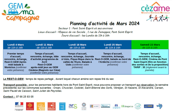 Programmation des activités de GEM ma Campagne pour le mois de Mars 2024