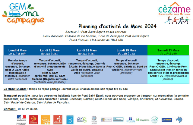 Programmation des activités de GEM ma Campagne pour le mois de Mars 2024