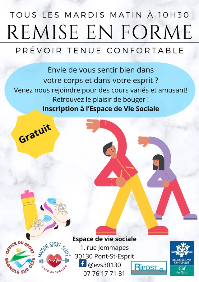 Tous les mardis matin : Cours de remise en forme gratuits à l'EVS de Pont-Saint-Esprit pour tous les publics
