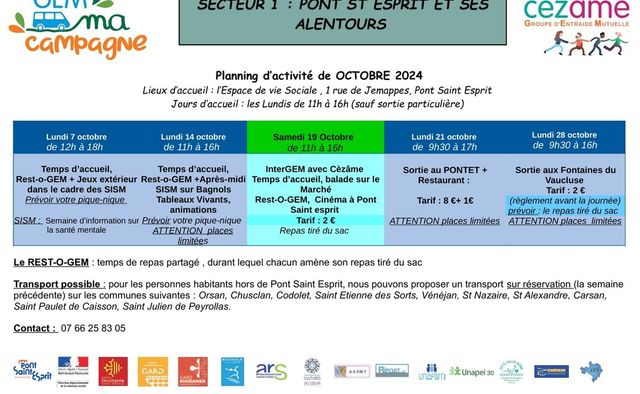 GEM ma campagne : Planning des animations Octobre 2024 à Pont-Saint-Esprit