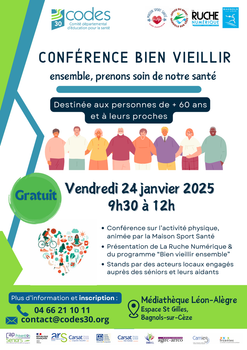 Vendredi 24 Janvier 2025 à 9h30 à la médiathèque de Bagnols : Conférence Bien Vieillir "Ensemble, prenons soin de notre santé"
