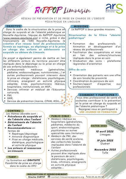 Formation RéPPOP en présentiel : "Surpoids et obésité de l'efant et de l'adolescent : prévenir, repérer, accompagner", Limousin 2025