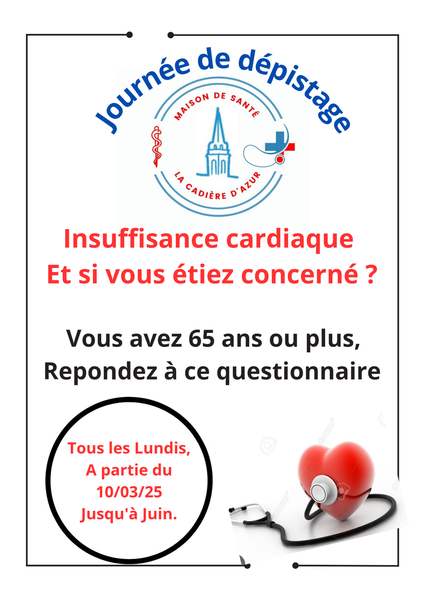 journée de dépistage de l'insuffisance cardiaque pour les patients de + de 65 ans, dans les salles d'attentes des cabinets médicaux