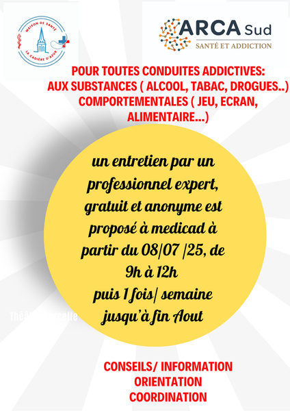 permanence addictologie au centre MEDICAD, 1 fois/ mois le Mardi